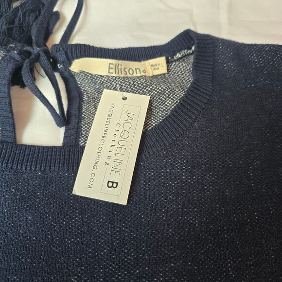 NWT Jacqueline B Cotton Sweater L Navy Blue Paisley Printed Tie Neck Long Sleeve - Picture 6 of 7